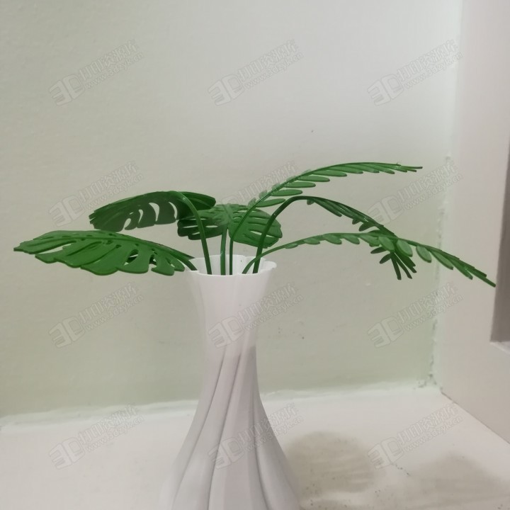 含羞草和龜背竹葉扭曲的花瓶3d打印模型 (3).jpg