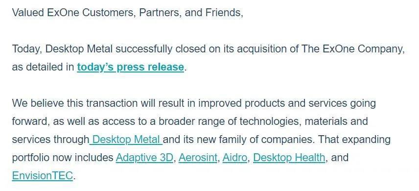 成交价5.6亿美元，3D打印行业新巨头Desktop Metal完成对ExOne的收购 (1).jpg